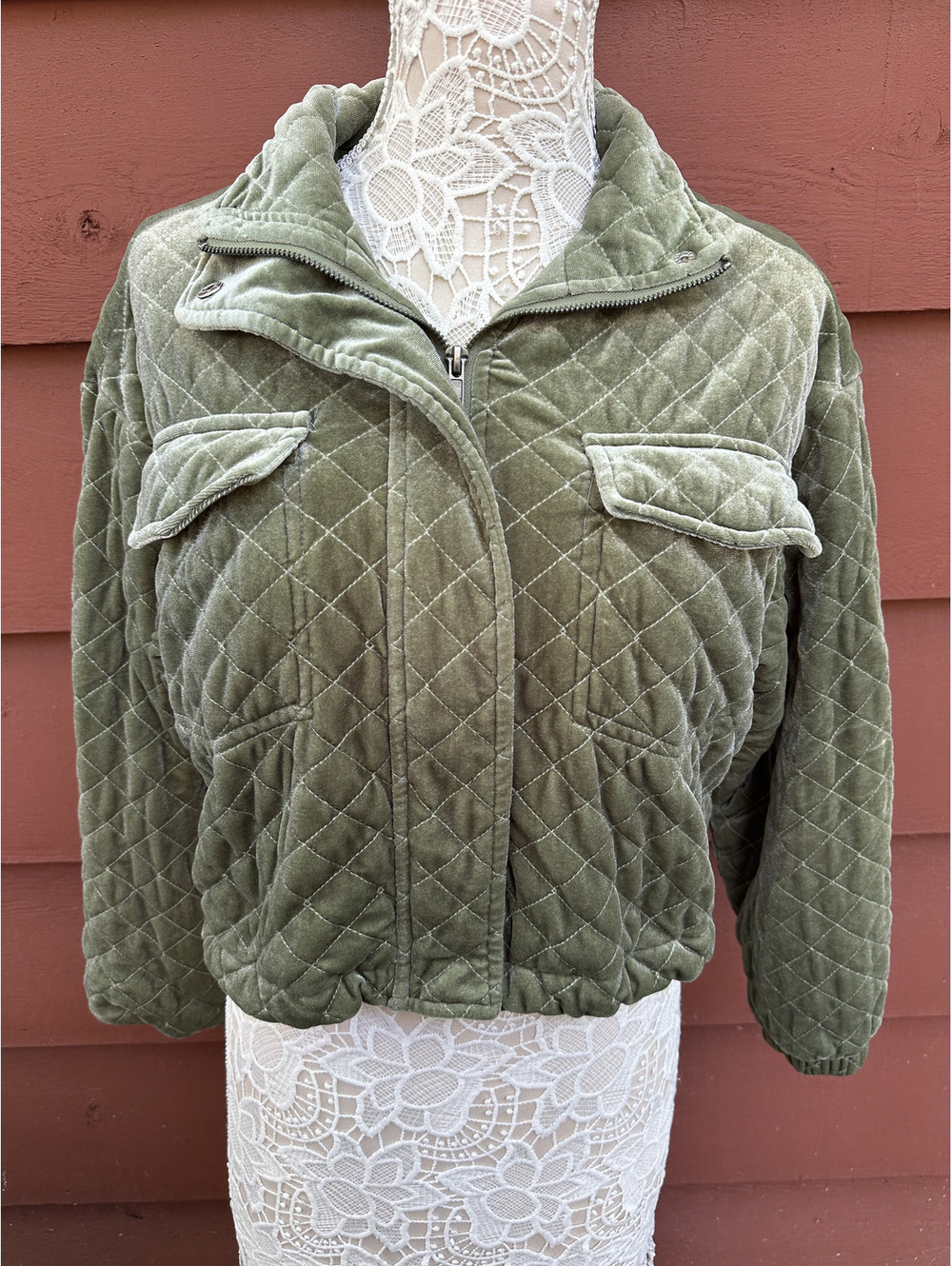 Forever 21 Quilted Velvet Jacket Sage Green Cropped Bomber Jacket Y2K Fairycore